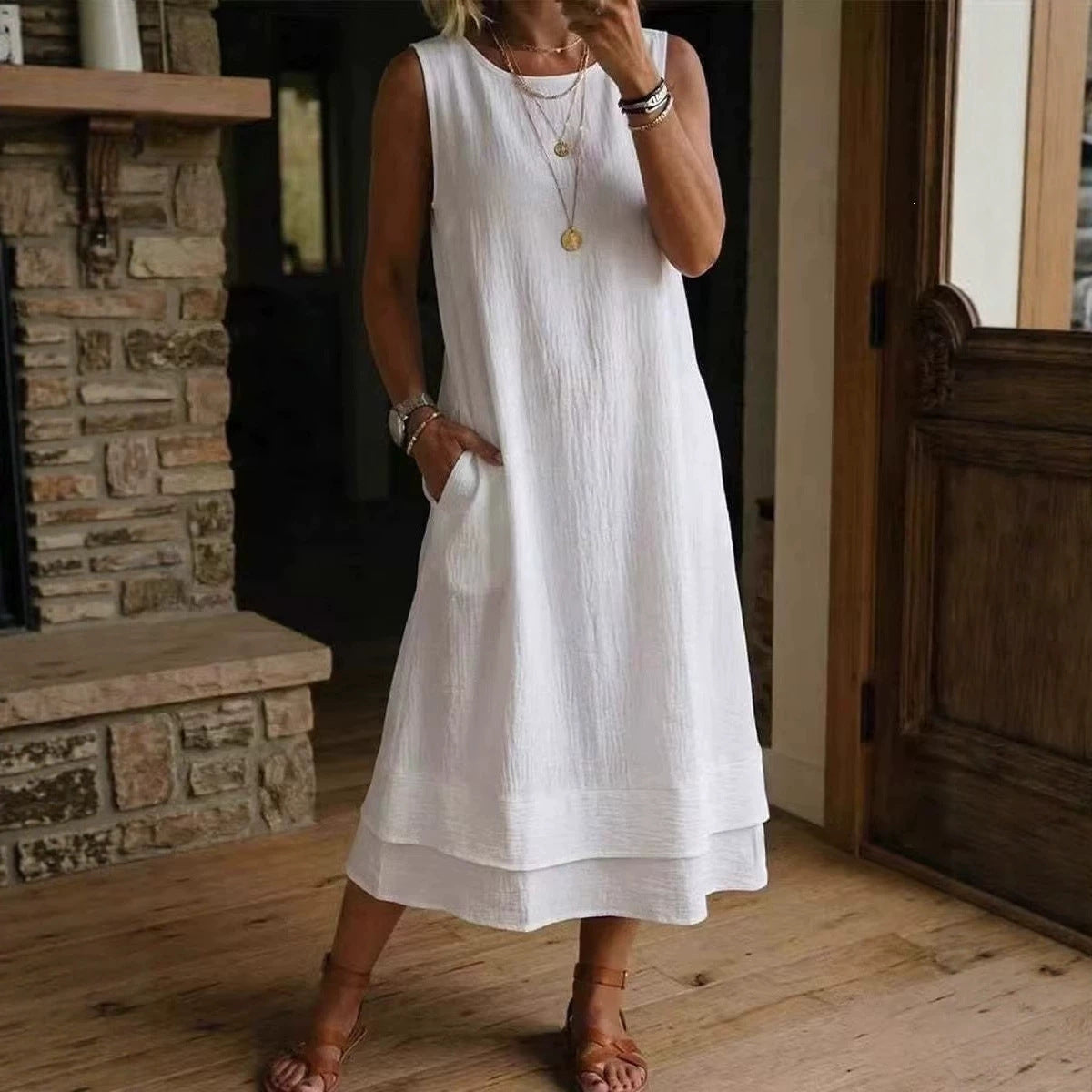 Style Sleeveless Round Neck Pocket Long Color Solid Off-Shoulder Dress