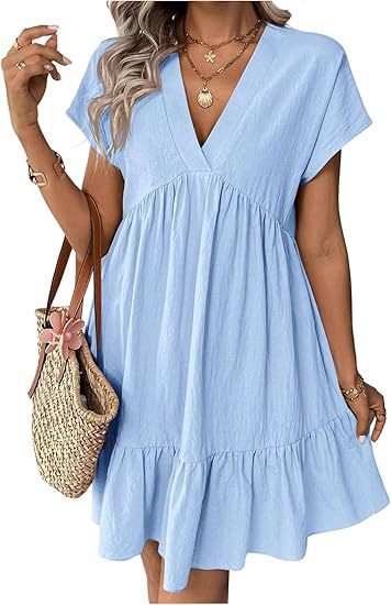 Solid Color Short Sleeve V-Neck Ruffle Hem Babydoll Dress