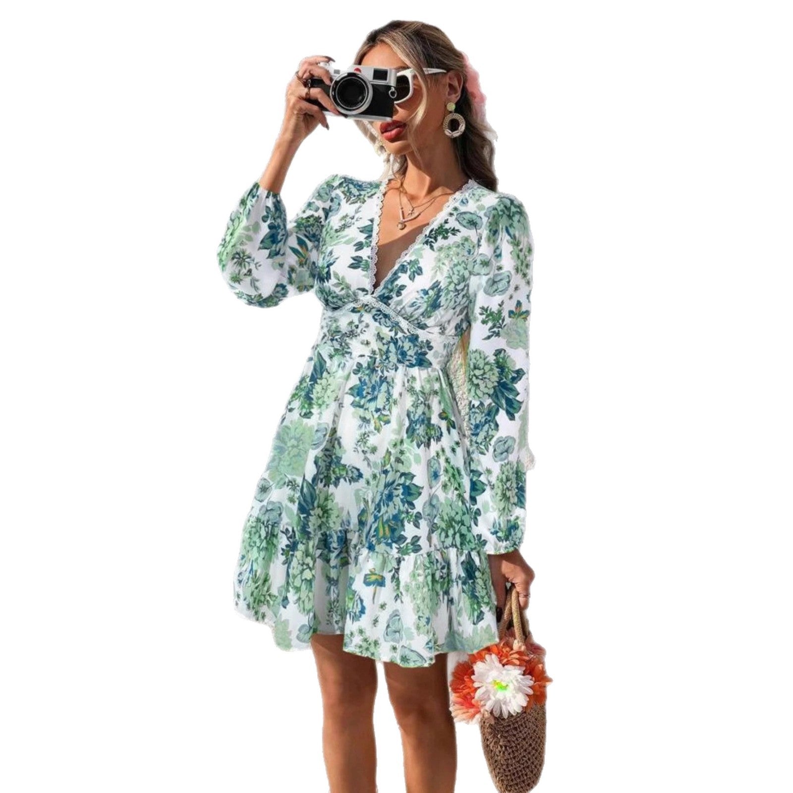 Lace lace V-neck printed long sleeved dress