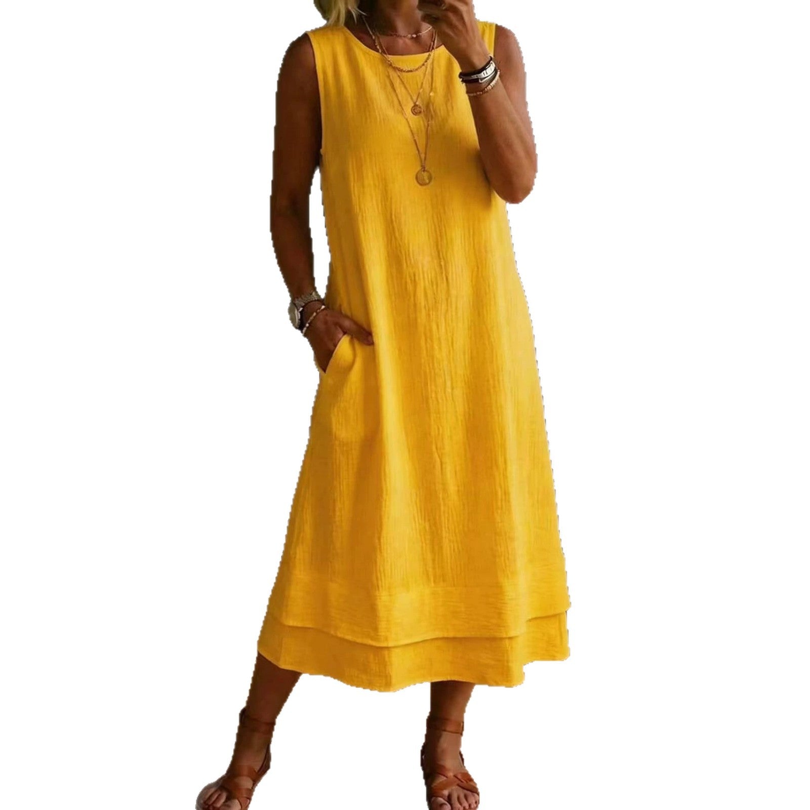 Style Sleeveless Round Neck Pocket Long Color Solid Off-Shoulder Dress