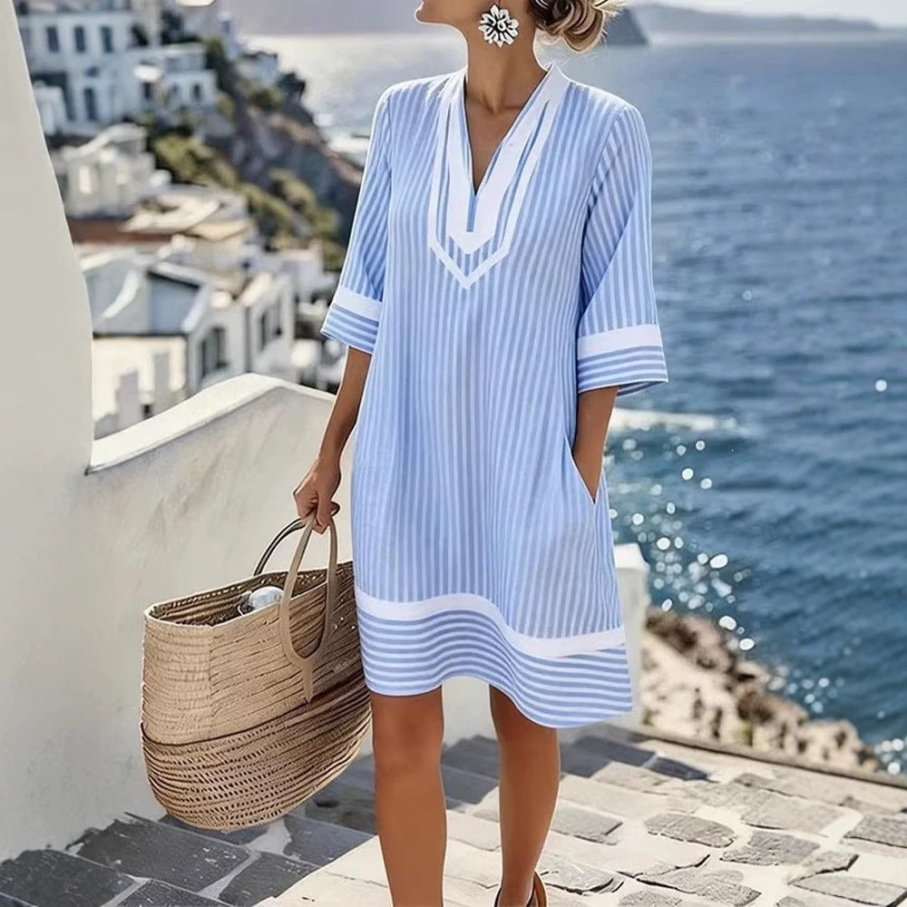 Beach Vacation Style V-Neck Bohemian Print Loose Beach Dress Short Sleeve Sun Protection