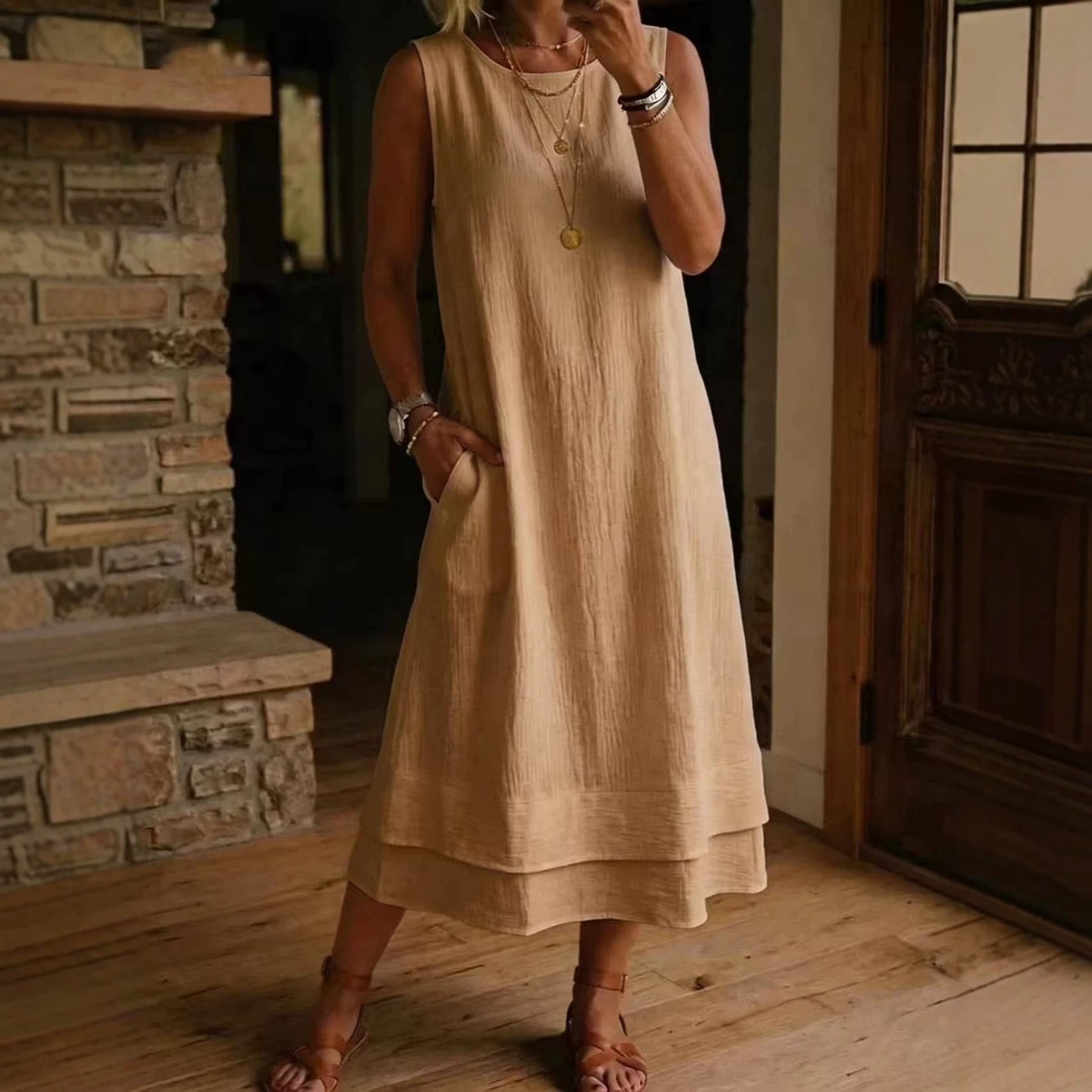 Style Sleeveless Round Neck Pocket Long Color Solid Off-Shoulder Dress