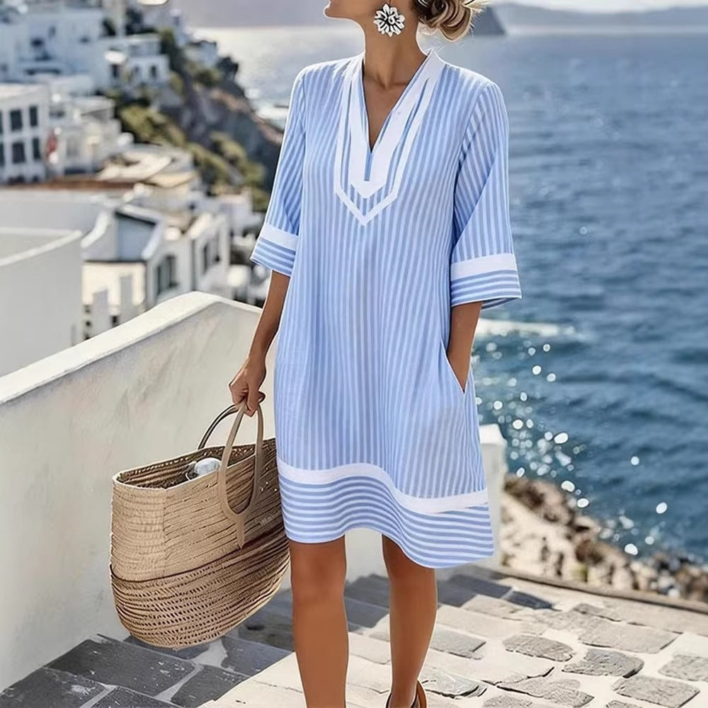 Beach Vacation Style V-Neck Bohemian Print Loose Beach Dress Short Sleeve Sun Protection