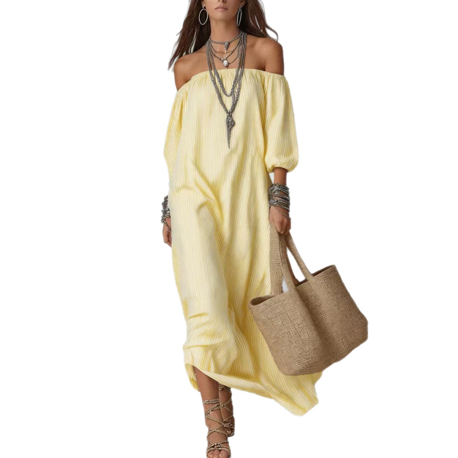 Elegant Striped Off-Shoulder Loose Vacation Fashion Dress for Women