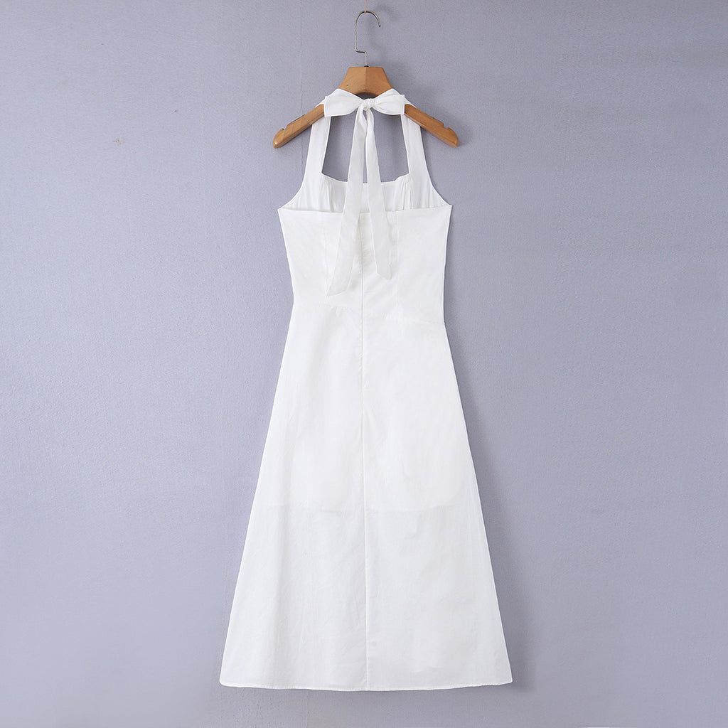 Light mature style elegant hanging neck mid length dress