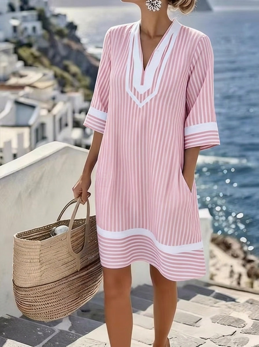 Beach Vacation Style V-Neck Bohemian Print Loose Beach Dress Short Sleeve Sun Protection
