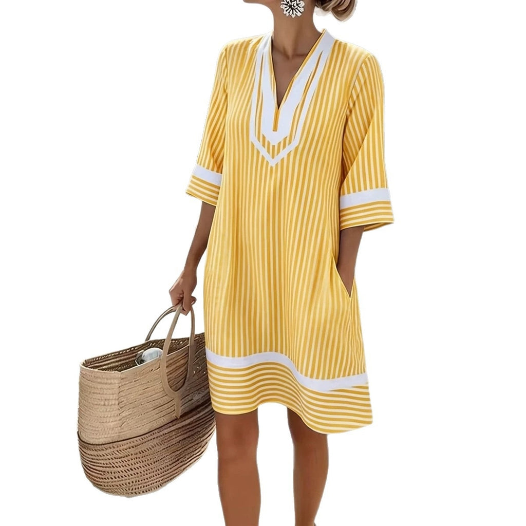 Beach Vacation Style V-Neck Bohemian Print Loose Beach Dress Short Sleeve Sun Protection