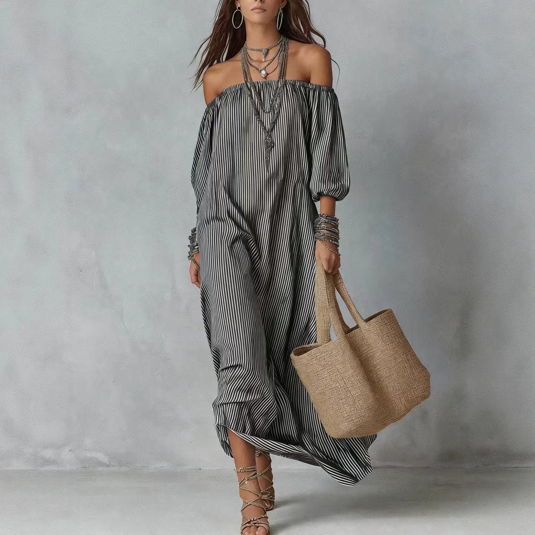 Elegant Striped Off-Shoulder Loose Vacation Fashion Dress for Women