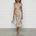 Digital Print Off-Shoulder Short Sleeve Floral Elegant Long Dress