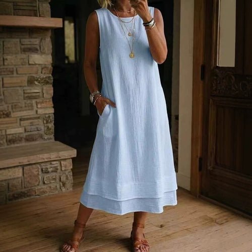 Style Sleeveless Round Neck Pocket Long Color Solid Off-Shoulder Dress