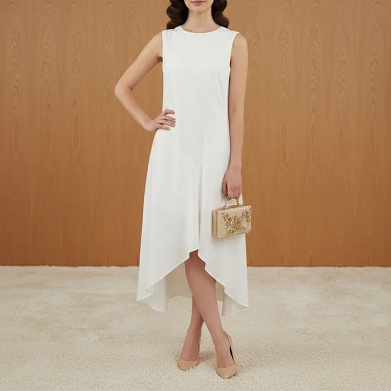 Spring New Women's Dress Dress Lazy Style Solid Color Round Neck Sleeveless Irregular Dress