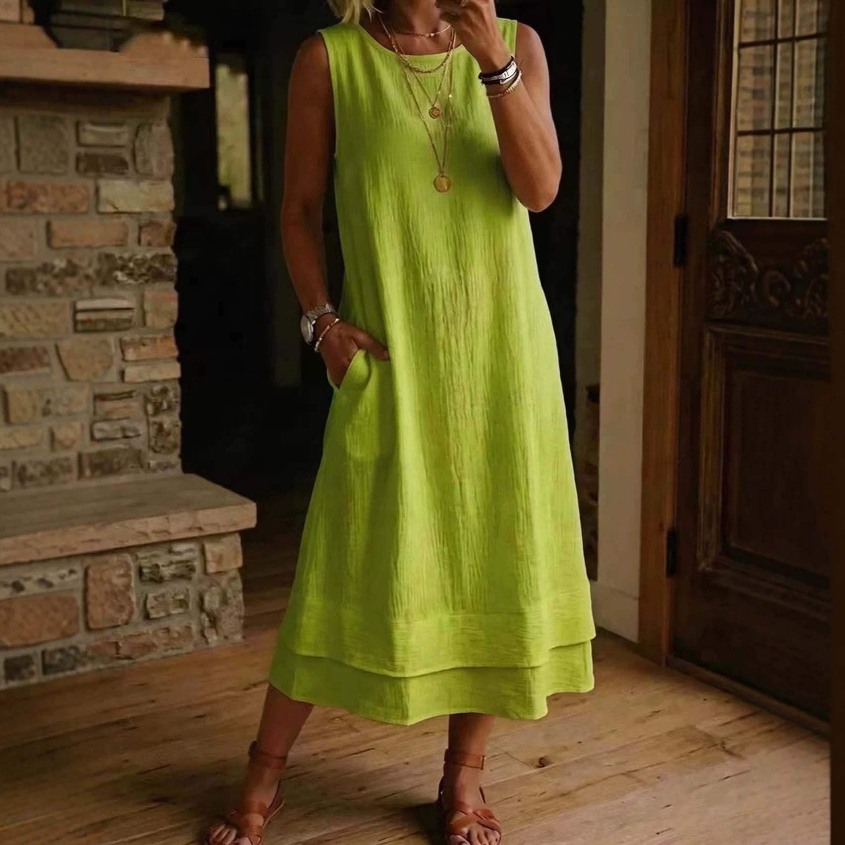 Style Sleeveless Round Neck Pocket Long Color Solid Off-Shoulder Dress