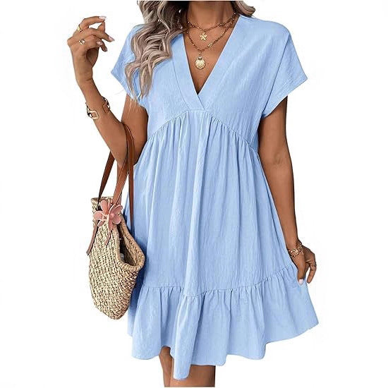 Solid Color Short Sleeve V-Neck Ruffle Hem Babydoll Dress