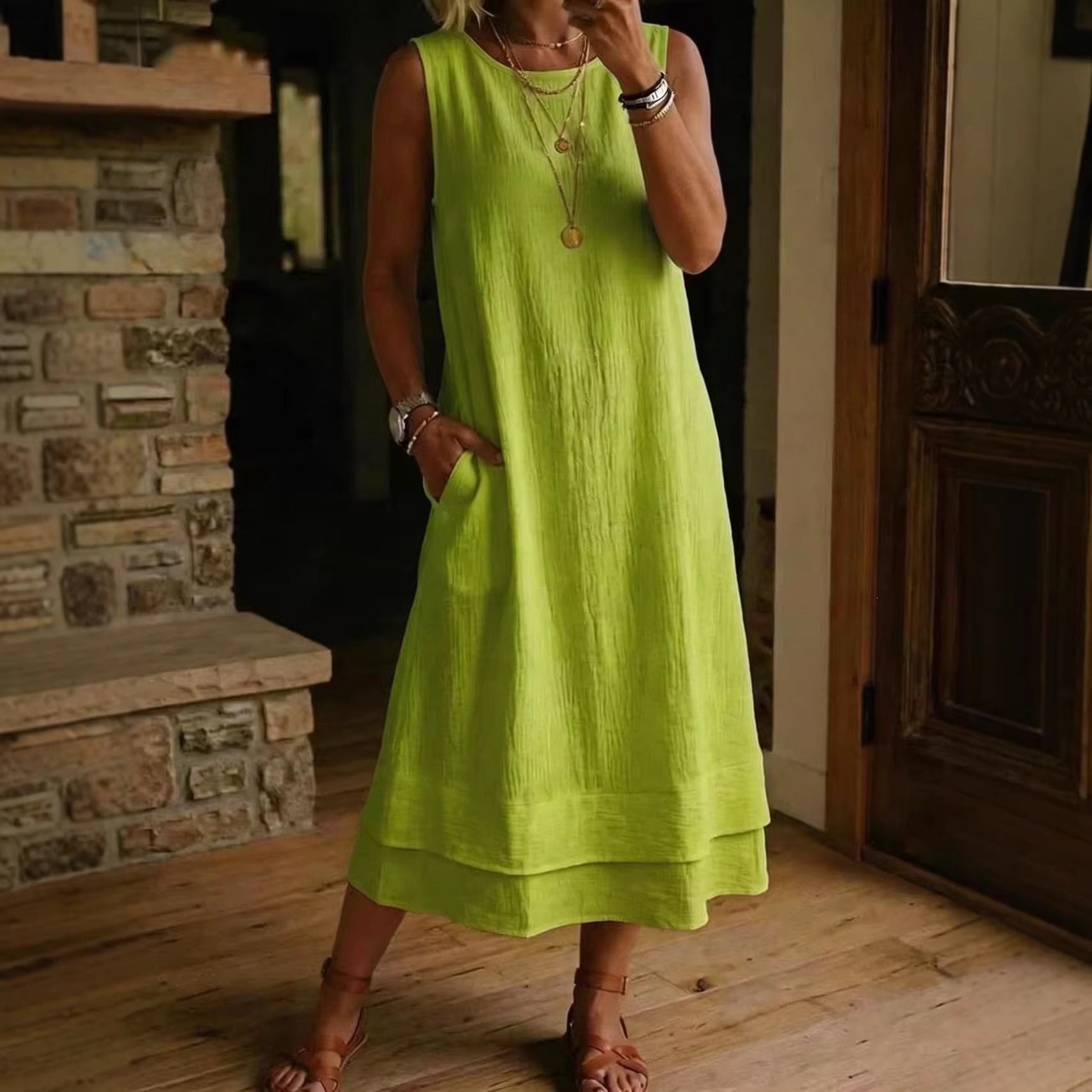 Style Sleeveless Round Neck Pocket Long Color Solid Off-Shoulder Dress
