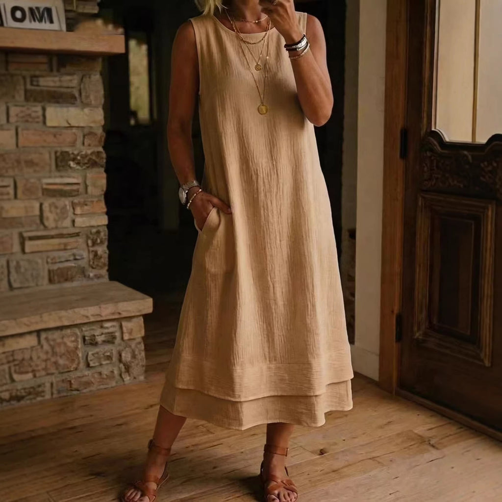 Style Sleeveless Round Neck Pocket Long Color Solid Off-Shoulder Dress