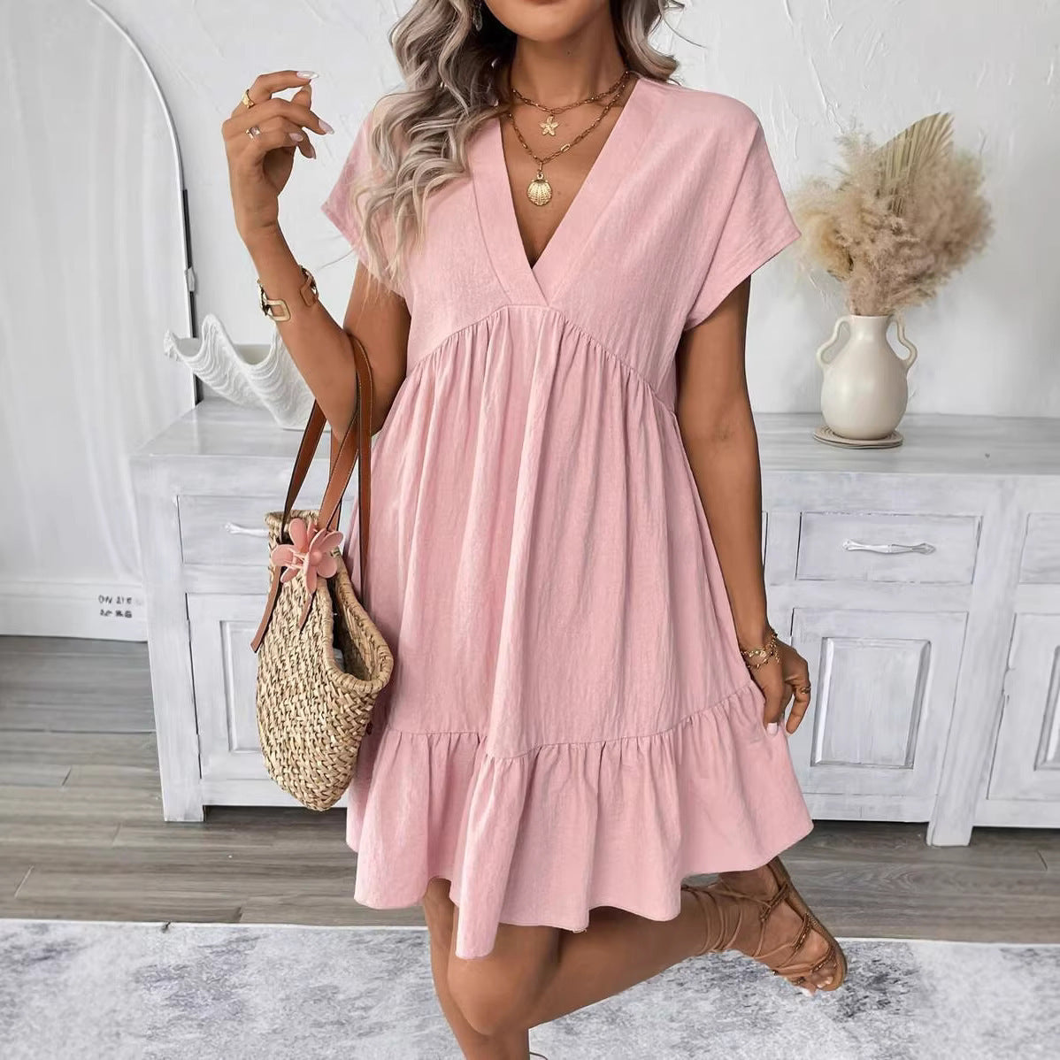 Solid Color Short Sleeve V-Neck Ruffle Hem Babydoll Dress