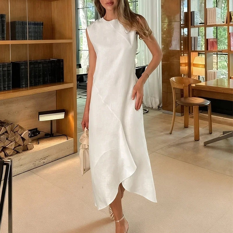 Spring New Women's Dress Dress Lazy Style Solid Color Round Neck Sleeveless Irregular Dress