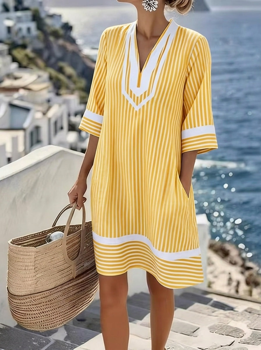 Beach Vacation Style V-Neck Bohemian Print Loose Beach Dress Short Sleeve Sun Protection
