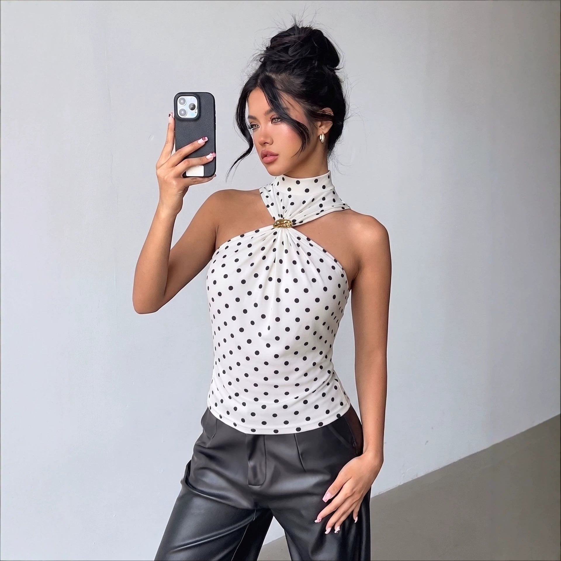 Polka-Dot Ring-Detail Halter Top