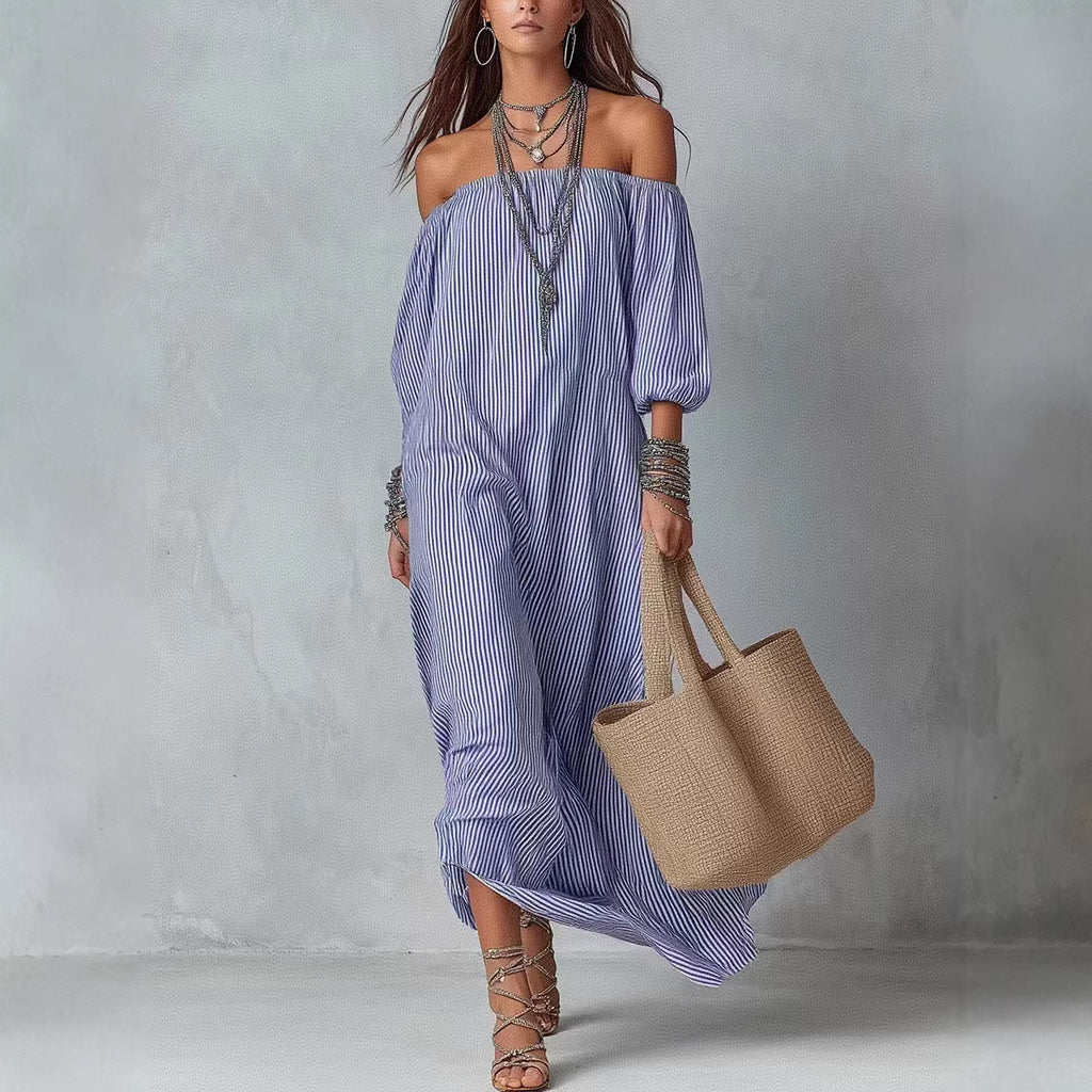 Elegant Striped Off-Shoulder Loose Vacation Fashion Dress for Women
