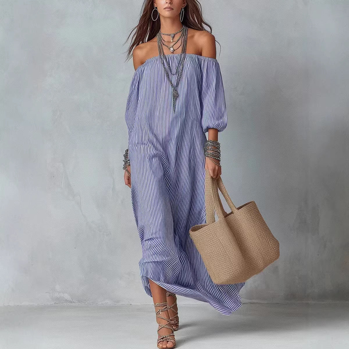 Elegant Striped Off-Shoulder Loose Vacation Fashion Dress for Women