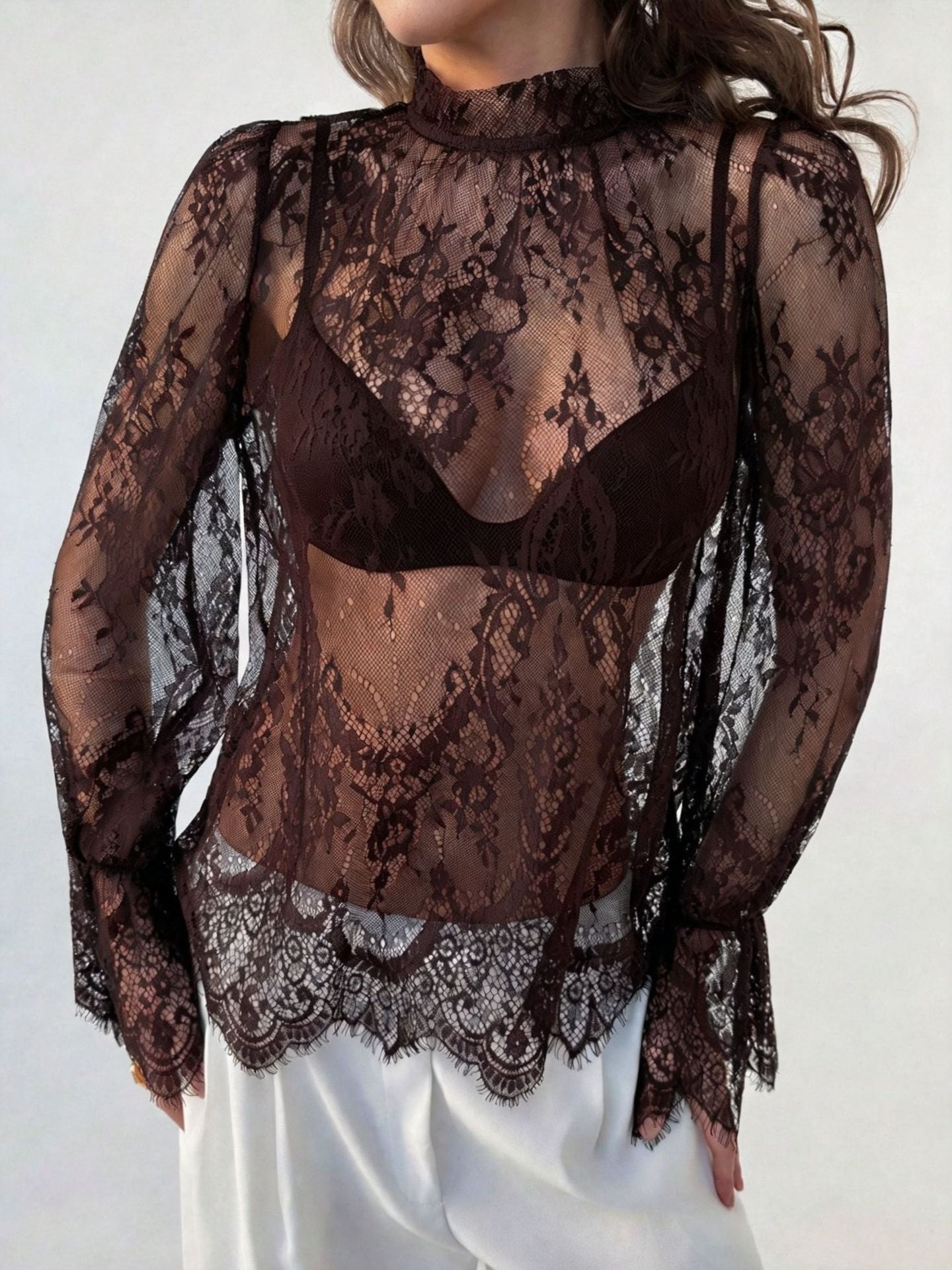Openwork Lace Long-Sleeve Top