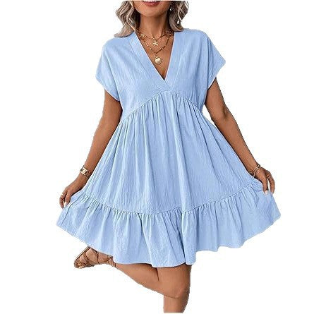 Solid Color Short Sleeve V-Neck Ruffle Hem Babydoll Dress