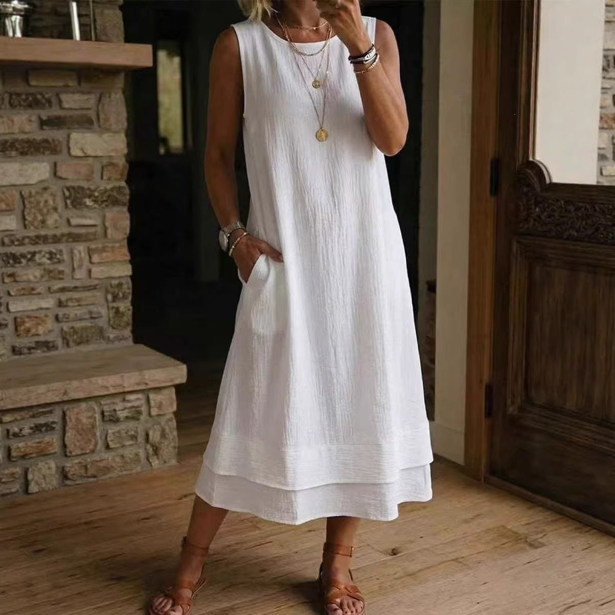 Style Sleeveless Round Neck Pocket Long Color Solid Off-Shoulder Dress
