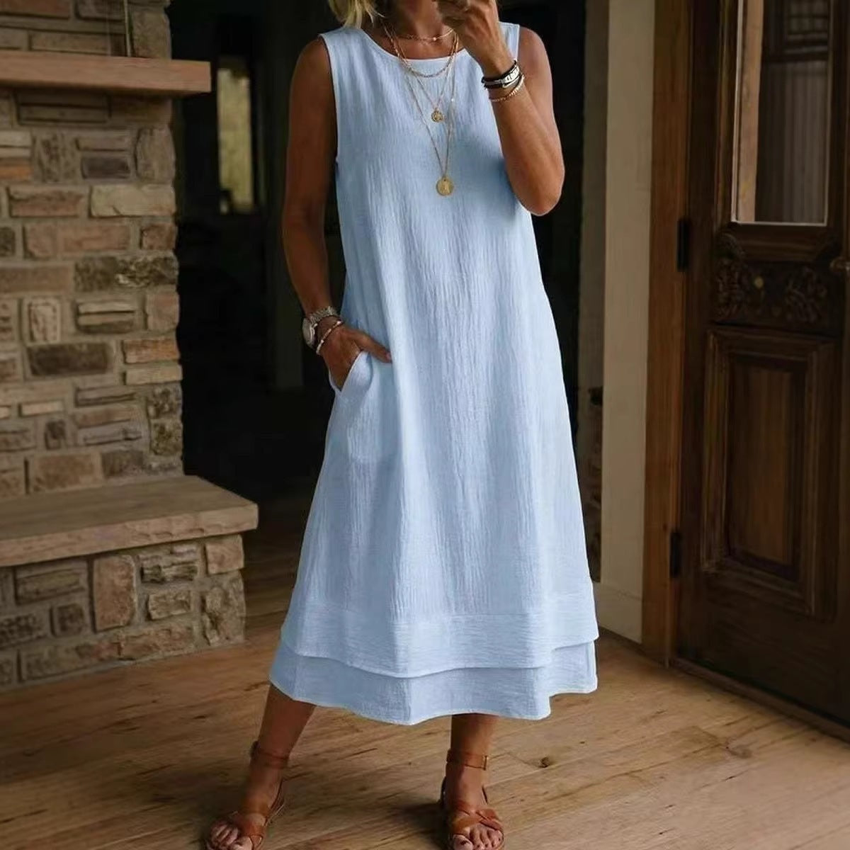 Style Sleeveless Round Neck Pocket Long Color Solid Off-Shoulder Dress