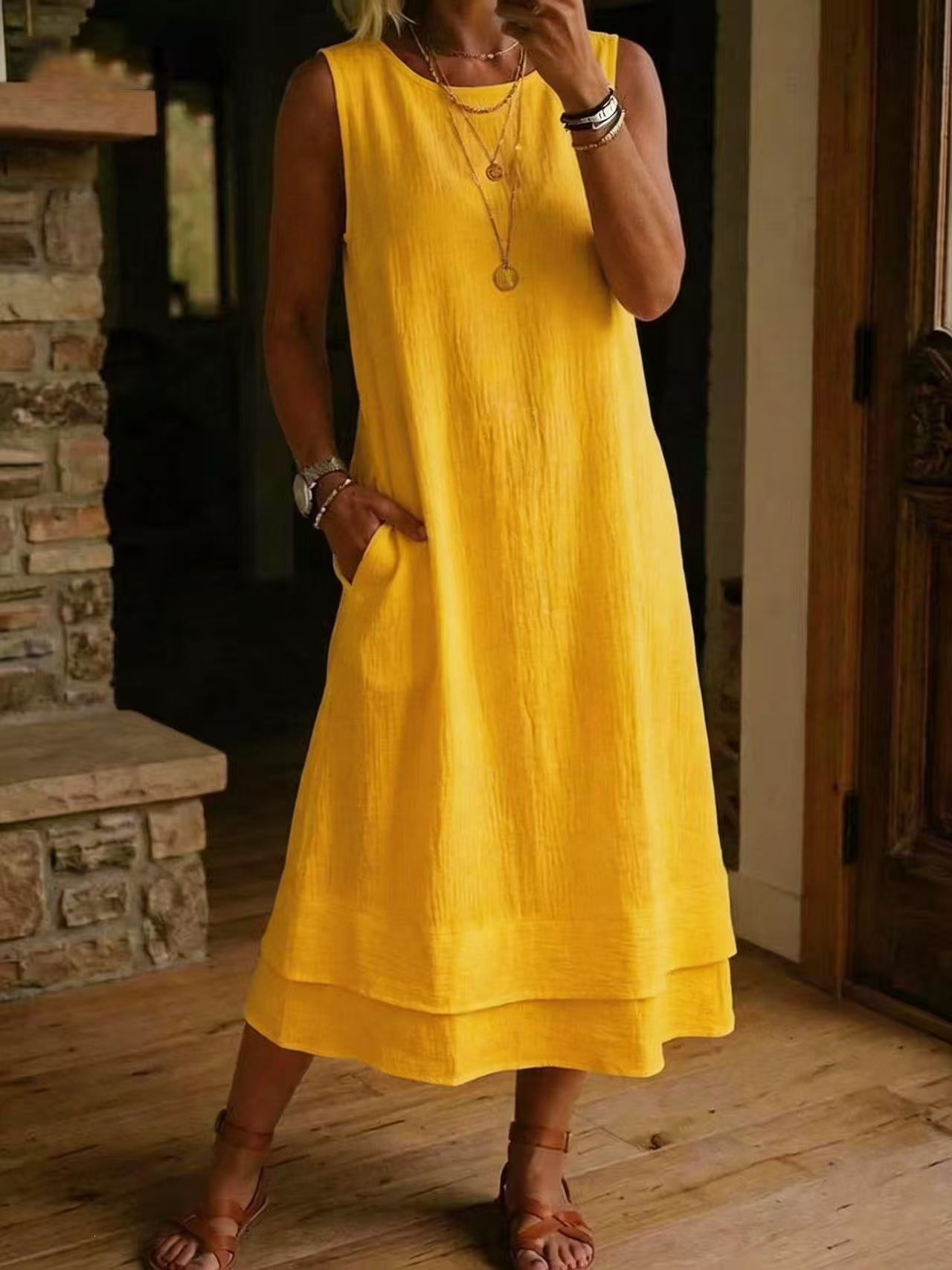Style Sleeveless Round Neck Pocket Long Color Solid Off-Shoulder Dress