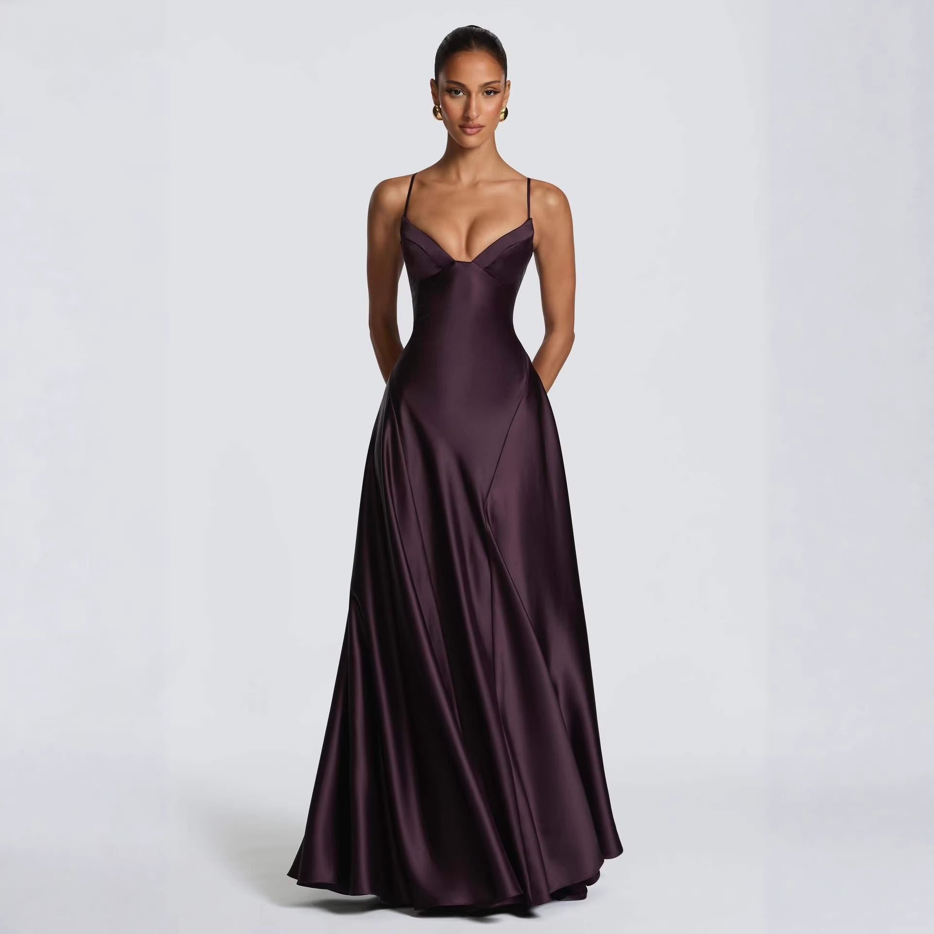 Violet satin deep-V evening gown for women